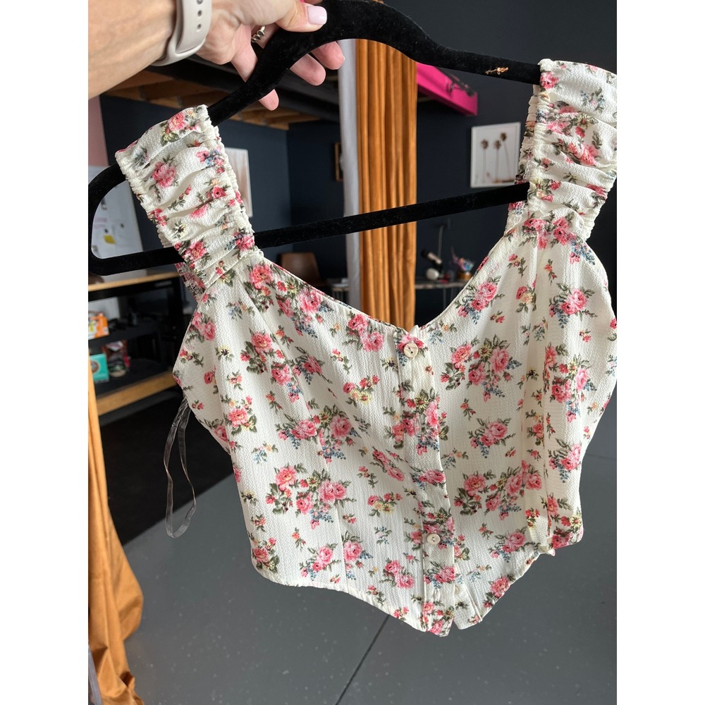 Kori America Cream Floral Rose Print Cropped Corset Top Ribbed Trim Small